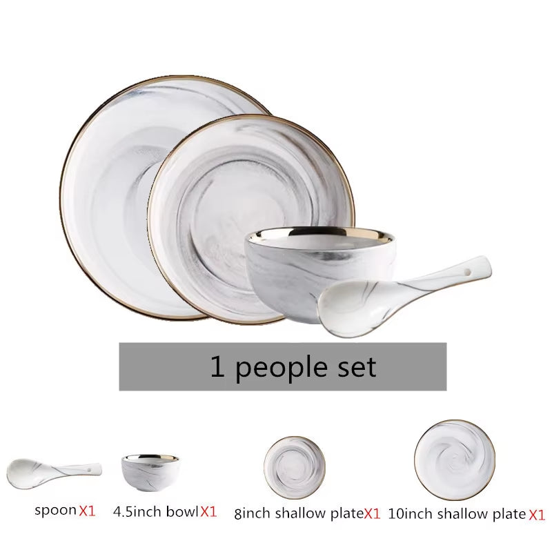 Gold Marble Dinner Plate Set Ceramic Kitchen Plate Tableware Set Food Dishes Rice Salad Noodles Bowl Soup Kitchen Cook Tool 1Set