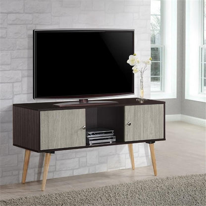 Retro Style TV Stand with Two Storage Doors, and Solid Wood Legs, Chocolate