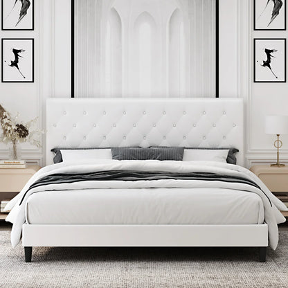 Queen Size Bed, Faux Leather  White