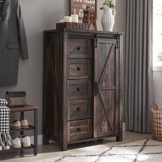  Farmhouse 5-Drawer Dresser with Barn Door, Dark Rustic Oak