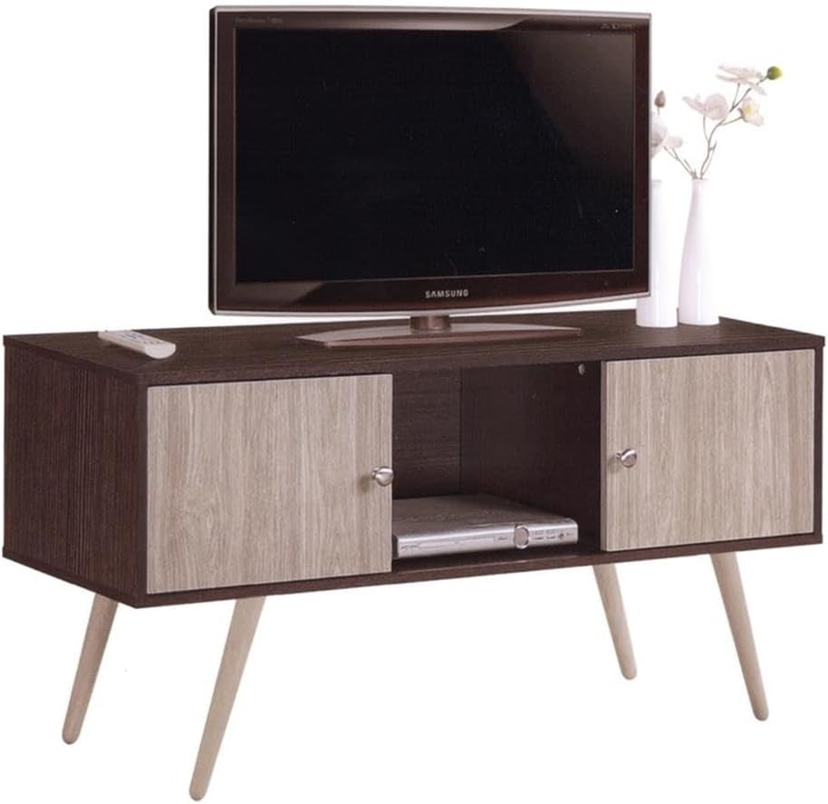 Retro Style TV Stand with Two Storage Doors, and Solid Wood Legs, Chocolate