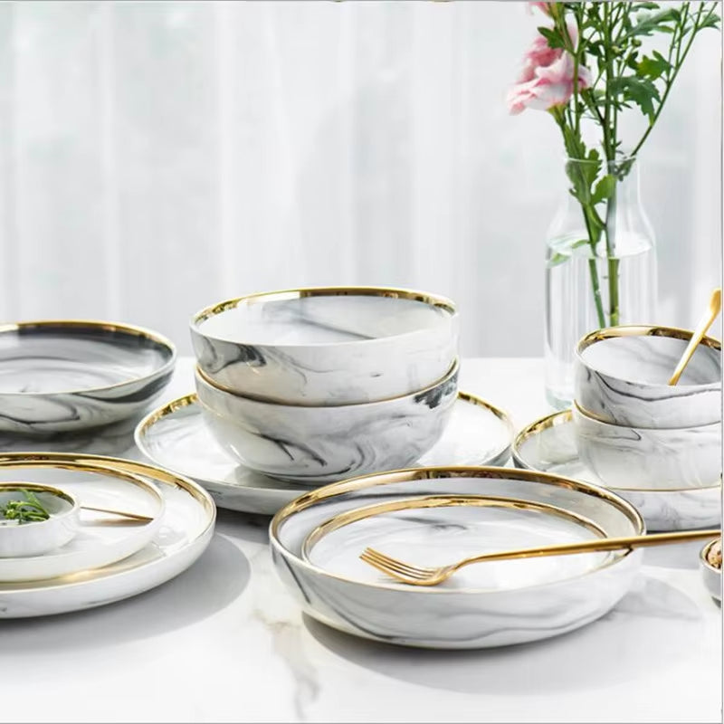 Gold Marble Dinner Plate Set Ceramic Kitchen Plate Tableware Set Food Dishes Rice Salad Noodles Bowl Soup Kitchen Cook Tool 1Set