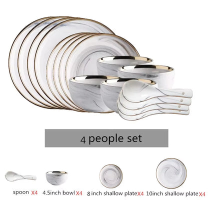 Gold Marble Dinner Plate Set Ceramic Kitchen Plate Tableware Set Food Dishes Rice Salad Noodles Bowl Soup Kitchen Cook Tool 1Set