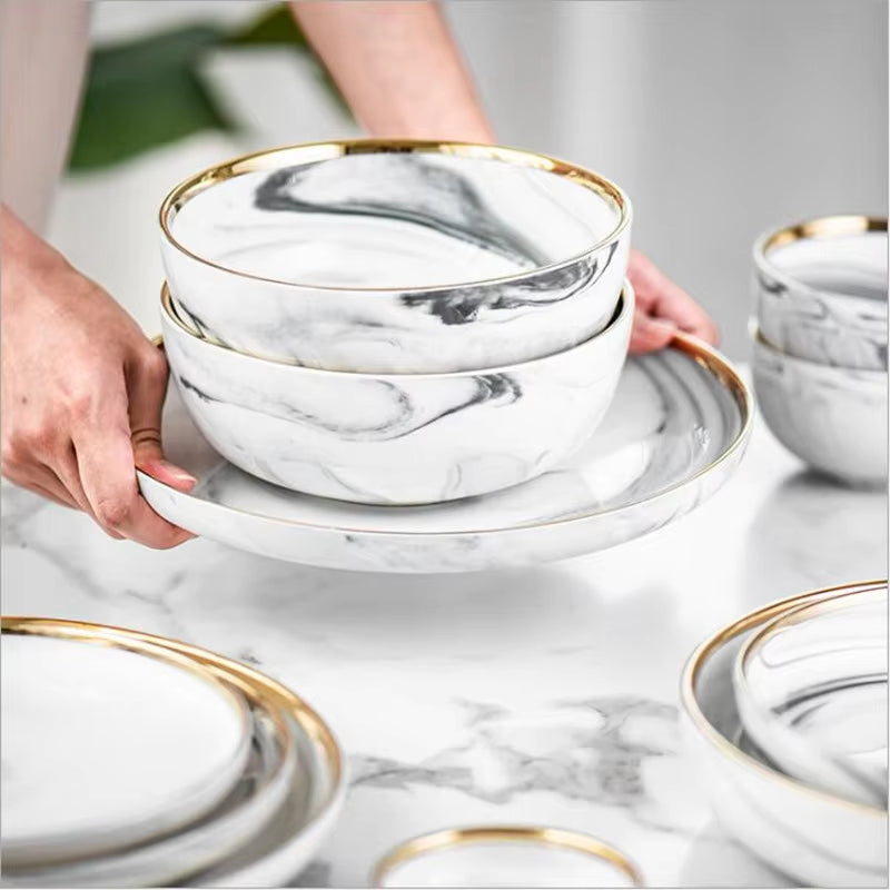 Gold Marble Dinner Plate Set Ceramic Kitchen Plate Tableware Set Food Dishes Rice Salad Noodles Bowl Soup Kitchen Cook Tool 1Set