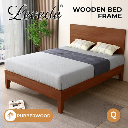 Levede Queen Bed Frame Rubberwood Timber Mattress Base Headboard Walnut