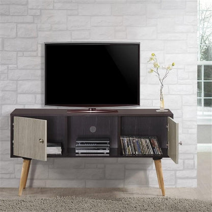 Retro Style TV Stand with Two Storage Doors, and Solid Wood Legs, Chocolate