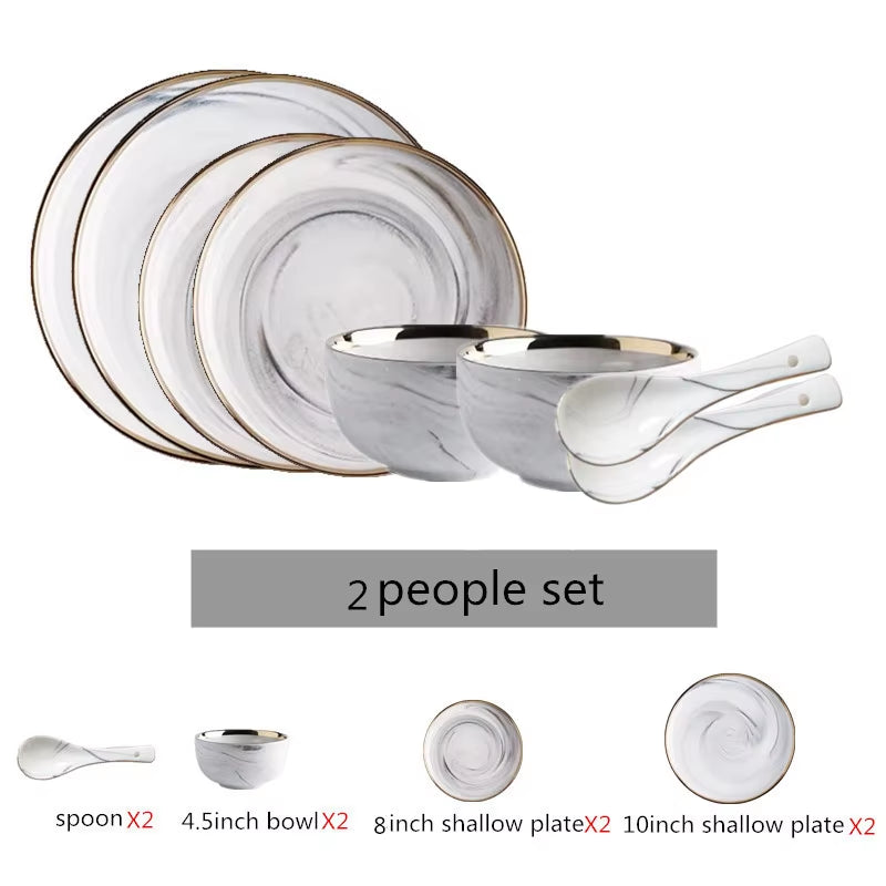 Gold Marble Dinner Plate Set Ceramic Kitchen Plate Tableware Set Food Dishes Rice Salad Noodles Bowl Soup Kitchen Cook Tool 1Set