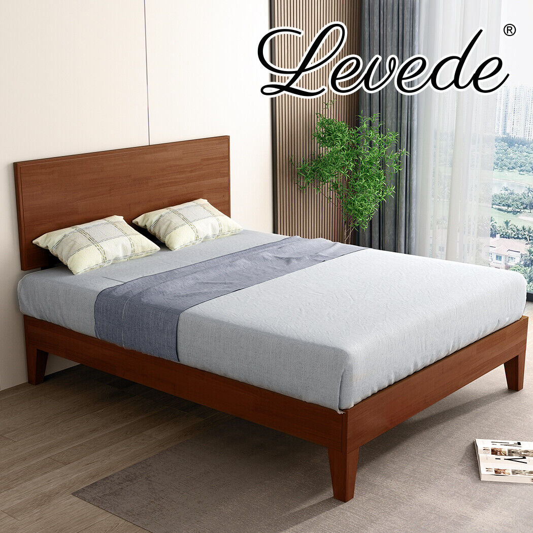 Levede Queen Bed Frame Rubberwood Timber Mattress Base Headboard Walnut