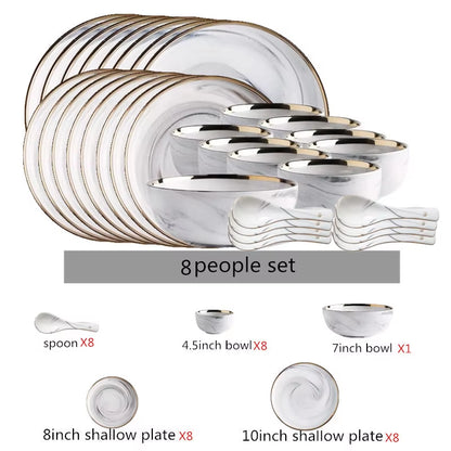 Gold Marble Dinner Plate Set Ceramic Kitchen Plate Tableware Set Food Dishes Rice Salad Noodles Bowl Soup Kitchen Cook Tool 1Set