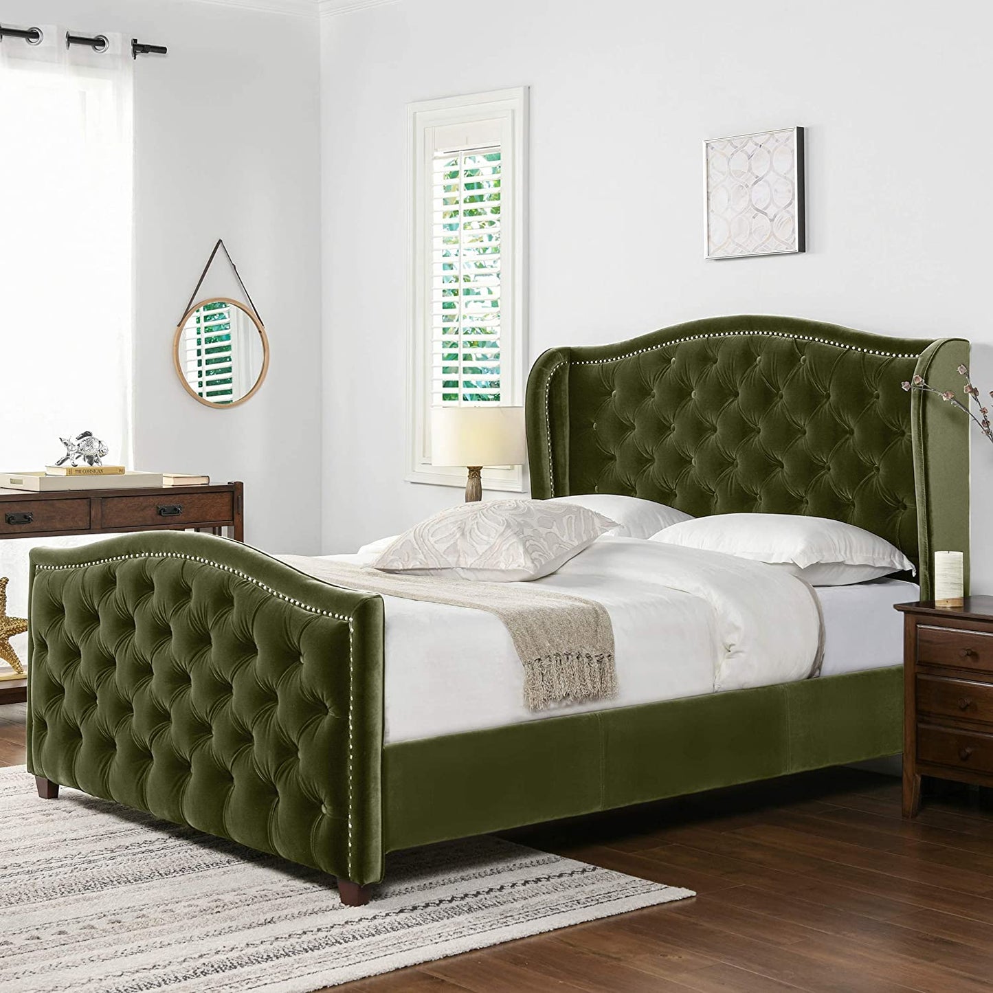 Marcella Headboard Bed Set, Queen, Olive Green Performance Velvet