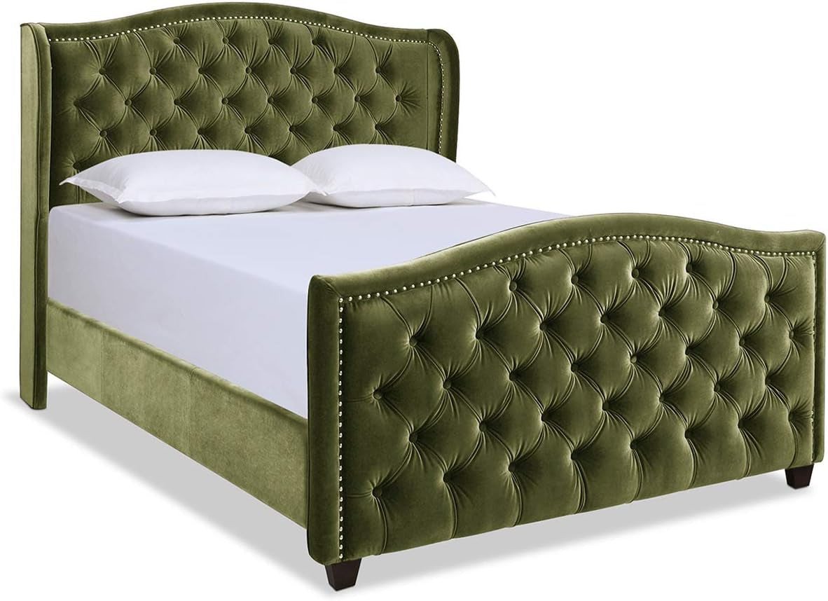 Marcella Headboard Bed Set, Queen, Olive Green Performance Velvet