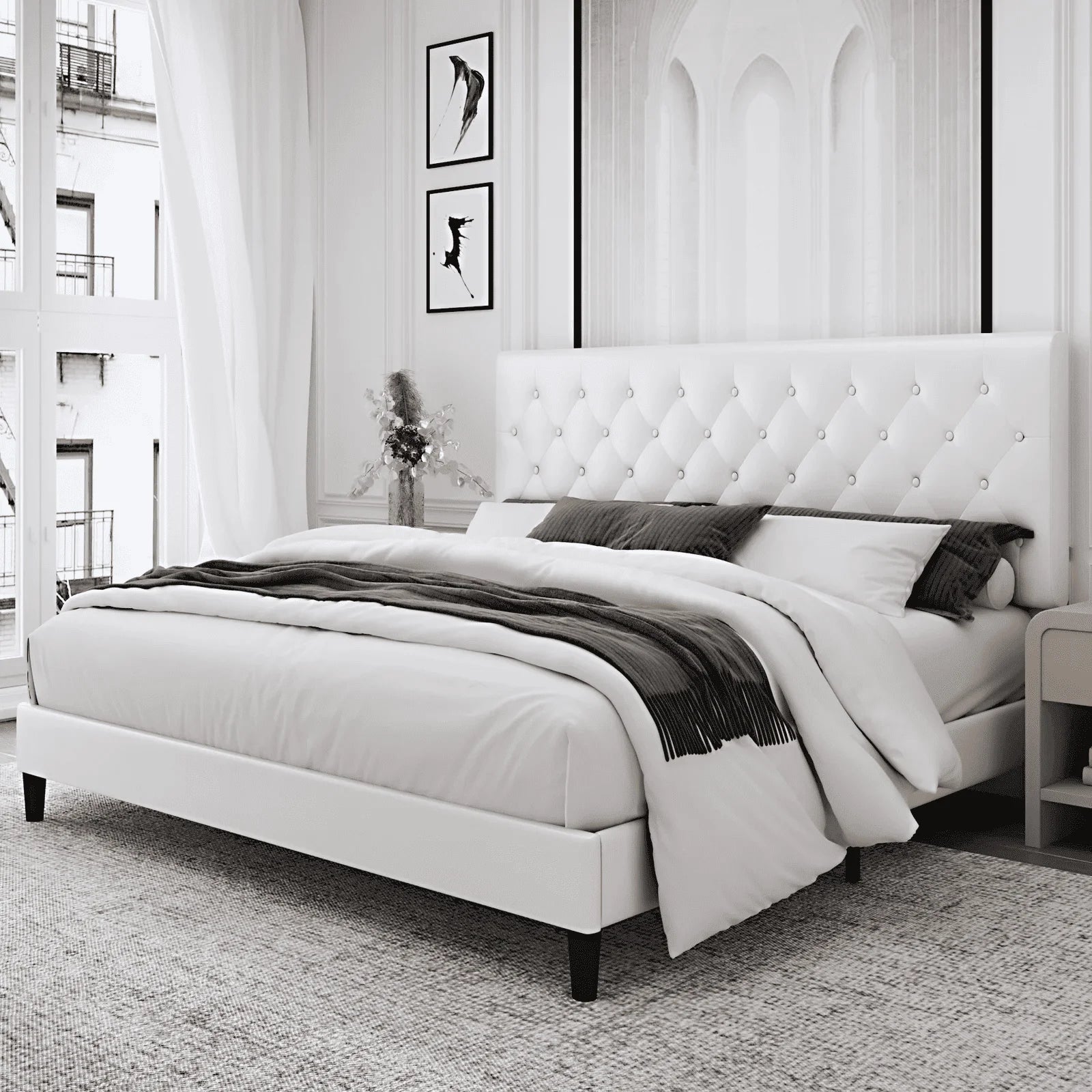 Queen Size Bed, Faux Leather  White