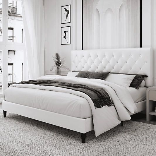 Queen Size Bed, Faux Leather  White